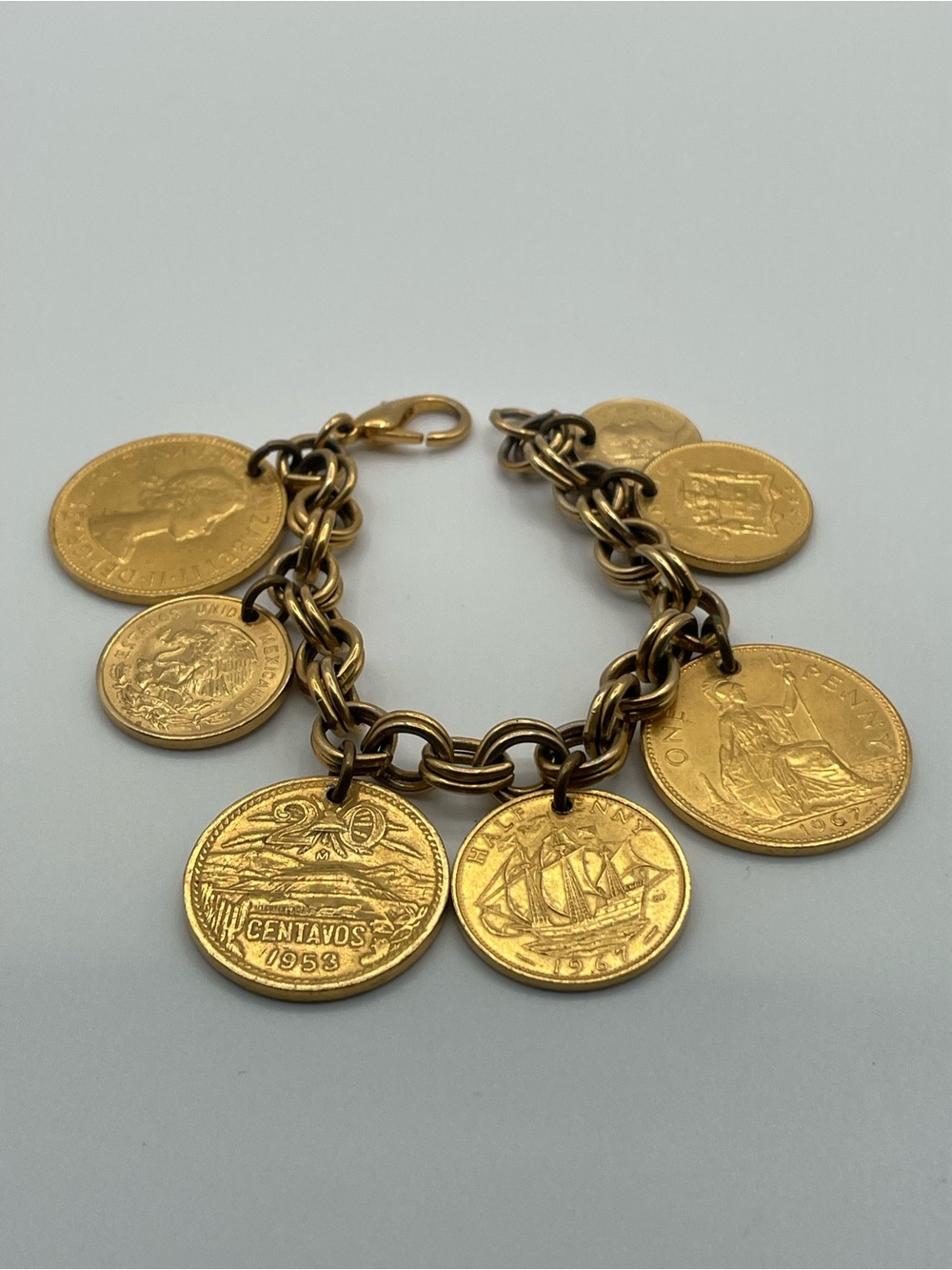 VTG Assorted Coin Gold Tone Charm Bracelet